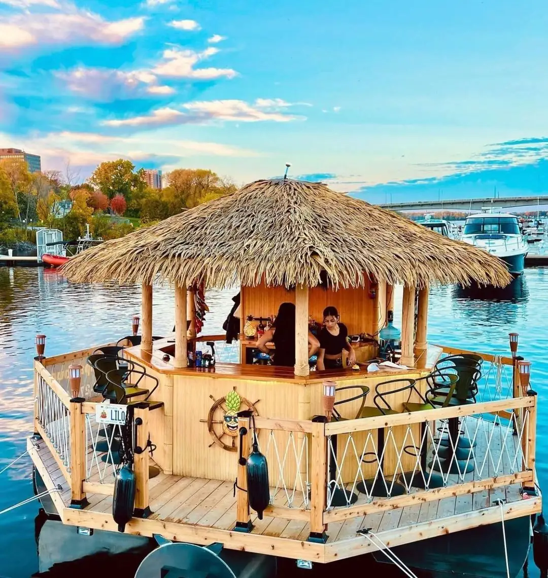 Lilo the tiki boat at sunset on the Ottawa River