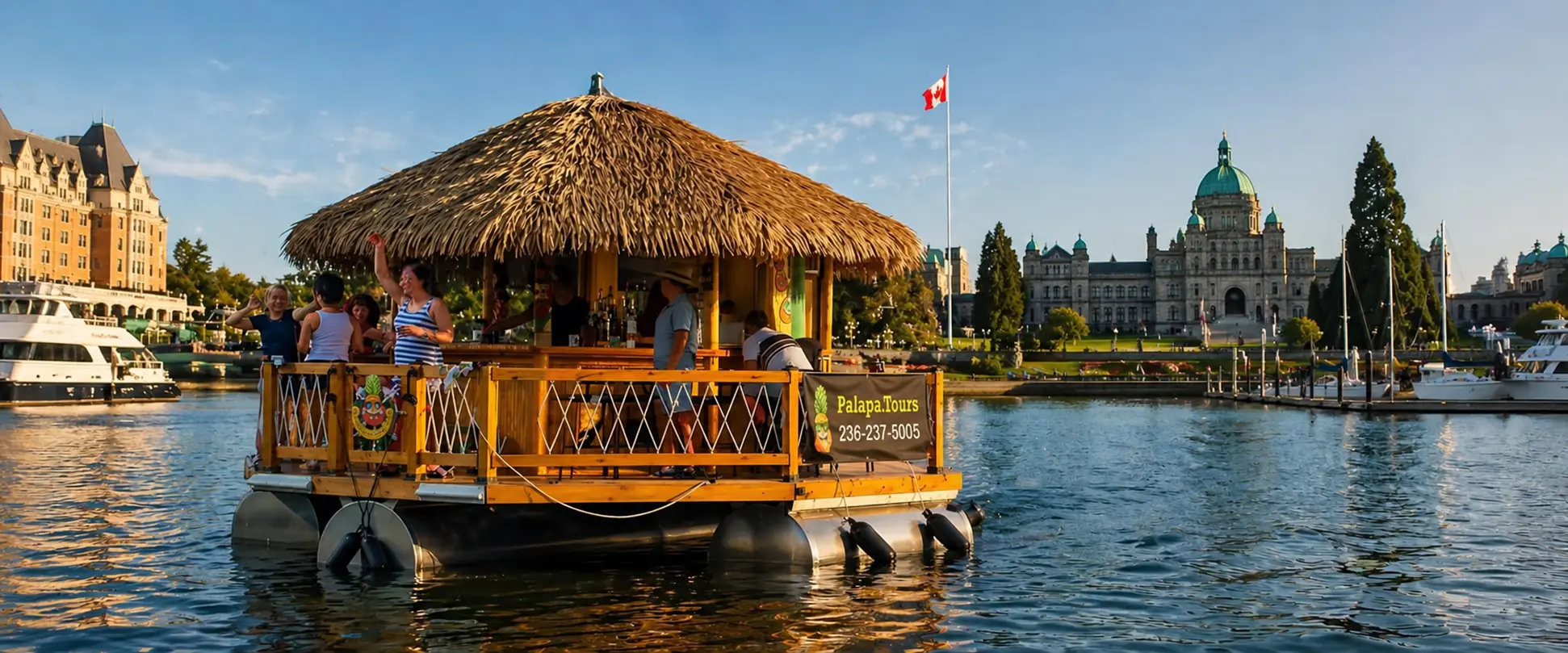 Illustration d’un bateau tiki Palapa dans le port intérieur de Victoria